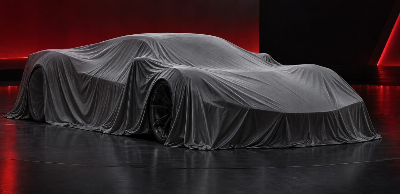 صورة توضيحية لسيارة رياضية مغطاة من الأمام والجانب قبل كشف Porsche Mission S
