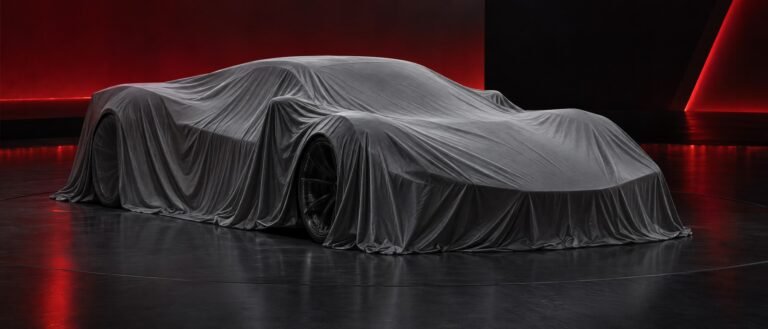 صورة توضيحية لسيارة رياضية مغطاة من الأمام والجانب قبل كشف Porsche Mission S