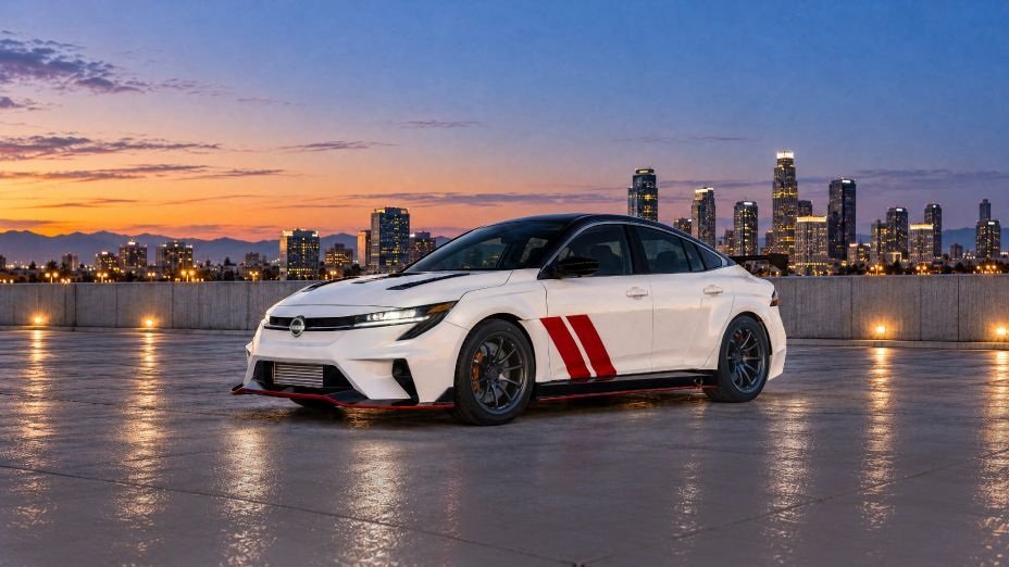التصميم الجانبي لمفهوم Nissan Sentra Spec-V مع العجلات الرياضية والجناح الخلفي