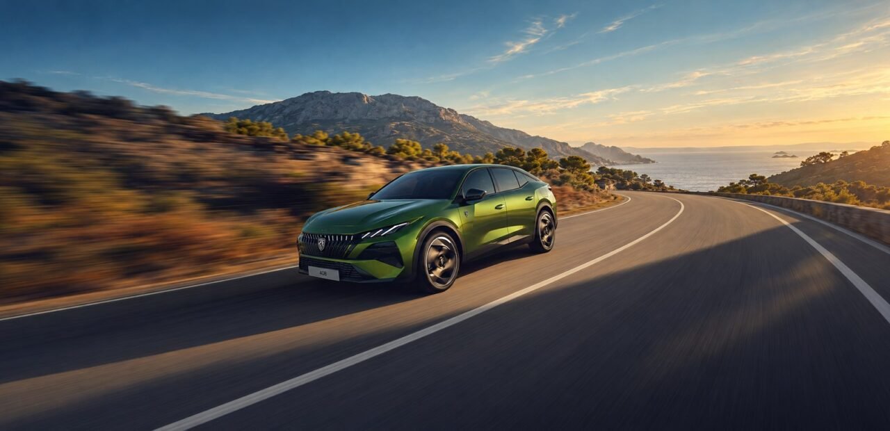 الواجهة الأمامية لسيارة Peugeot 408 الجديدة الموجهة إلى أسواق الخليج على طريق ساحلي
