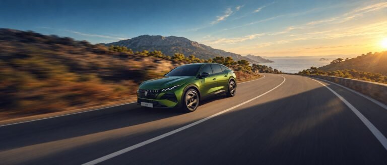 الواجهة الأمامية لسيارة Peugeot 408 الجديدة الموجهة إلى أسواق الخليج على طريق ساحلي