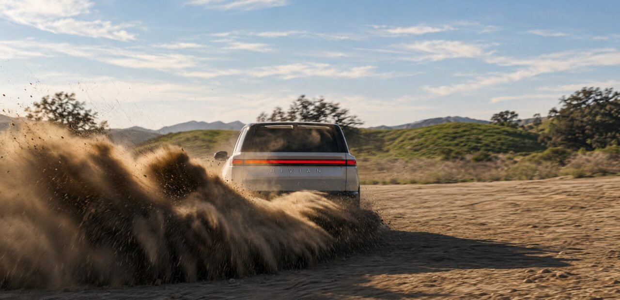 سيارة Rivian R2 الكهربائية أثناء القيادة على طريق رملي