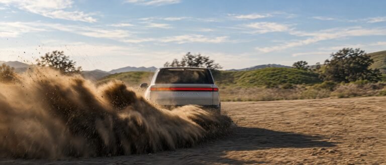 سيارة Rivian R2 الكهربائية أثناء القيادة على طريق رملي