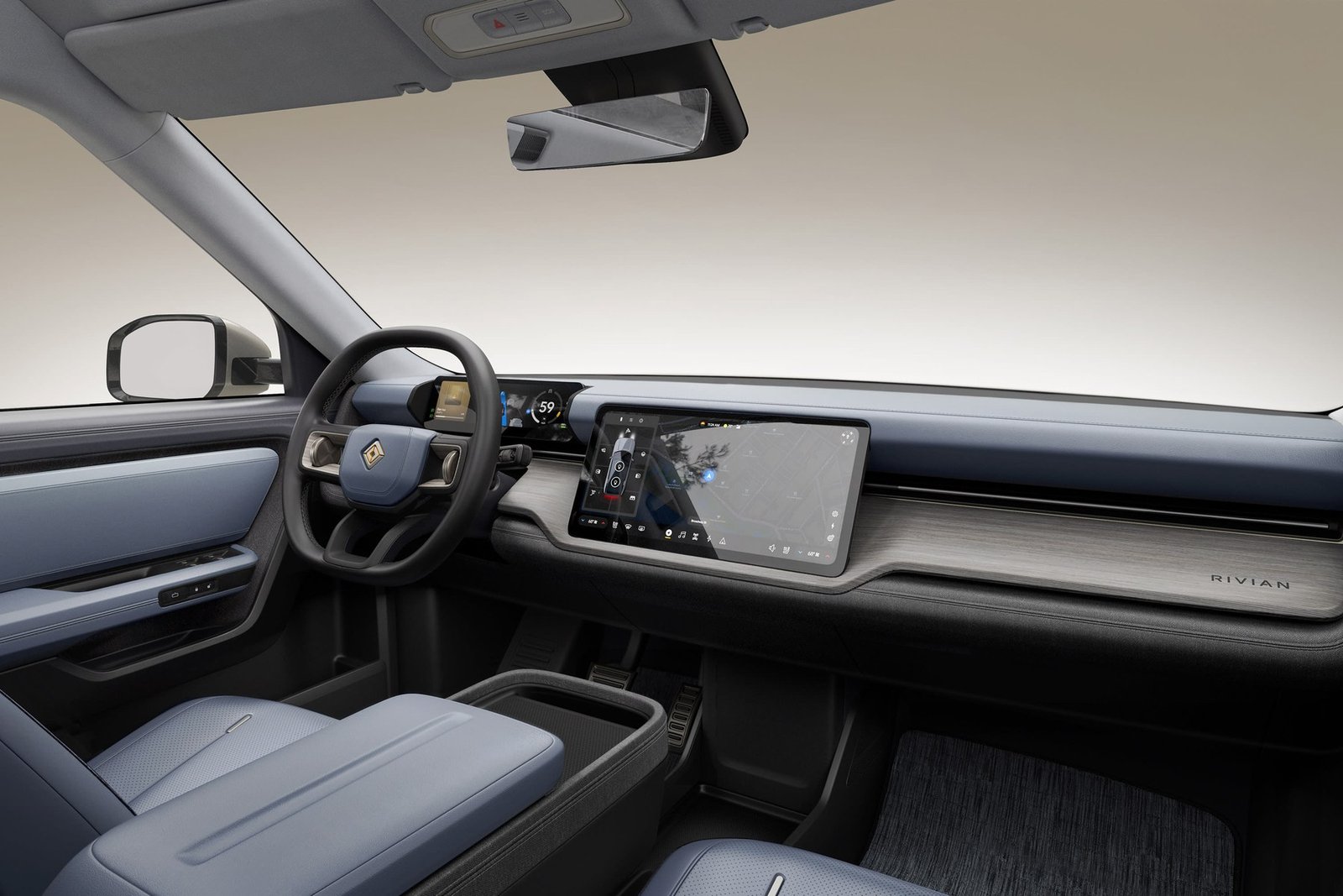 لوحة القيادة والمقصورة الأمامية في سيارة Rivian R2 الكهربائية